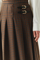 Exquise-Yırtmaç Detaylı Ekose Deri Tokalı Regular çok Renkli Midi Etek-ETEK-5-Milagron.com