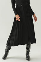 Exquise-Yırtmaçlı Detaylı Regular Piliseli Denim Garnili Midi Siyah Etek-ETEK-6-Milagron.com