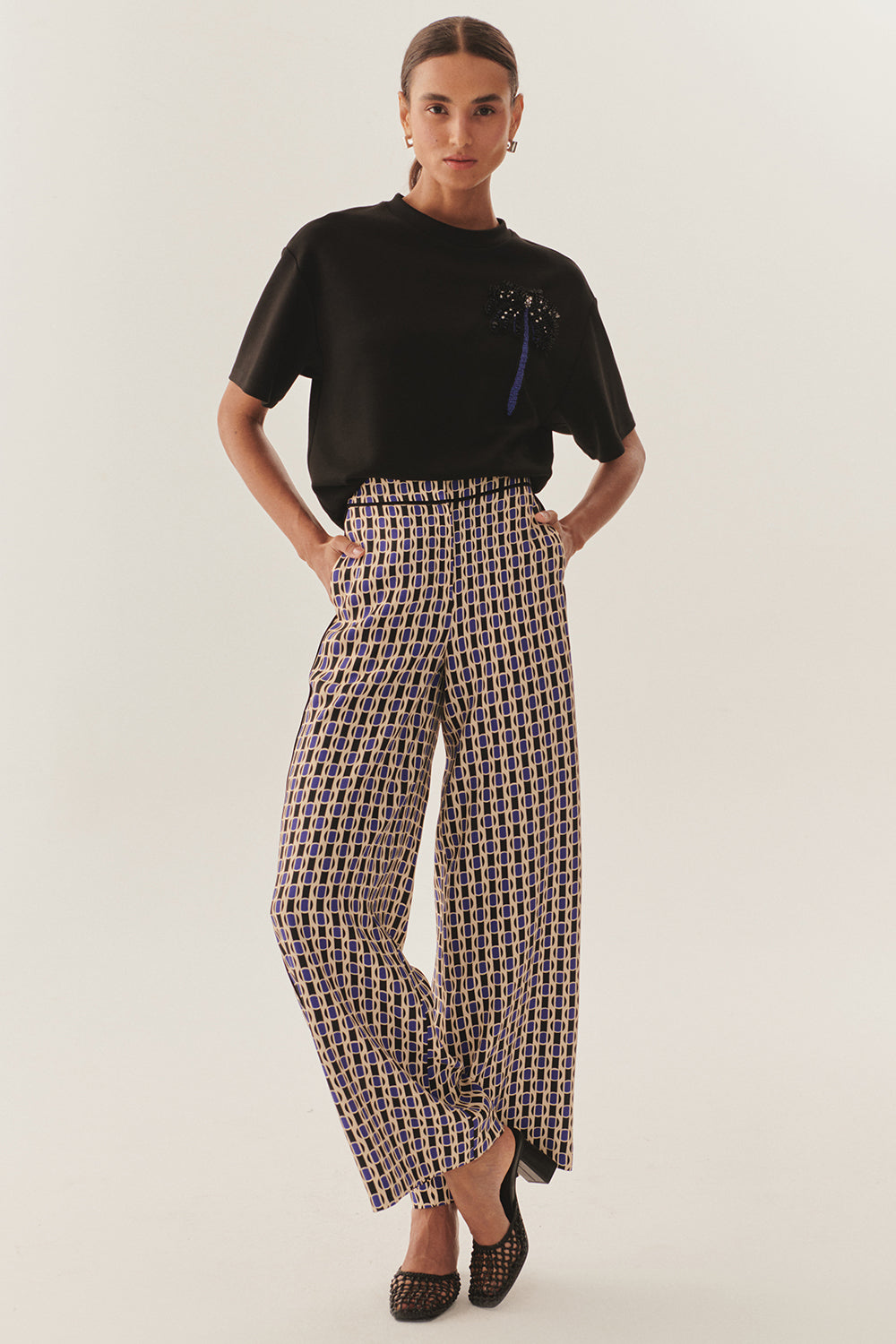 Exquise-Yüksek Bel Cepli Bol Kesim Desenli Pantolon-Pantolon-2-Milagron.com