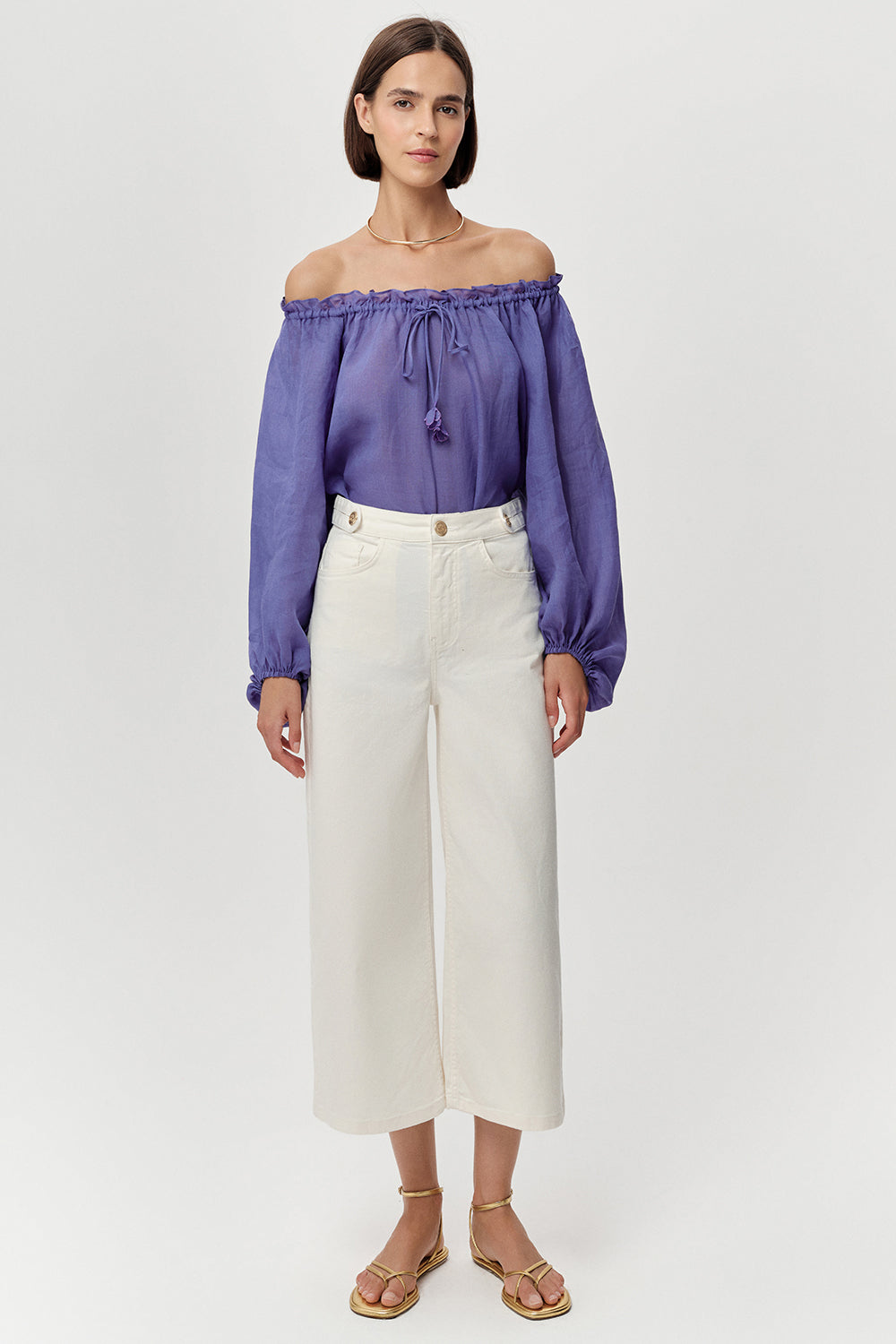 Yüksek Bel Cepli Regular Culotte Denim Beyaz Pantolon