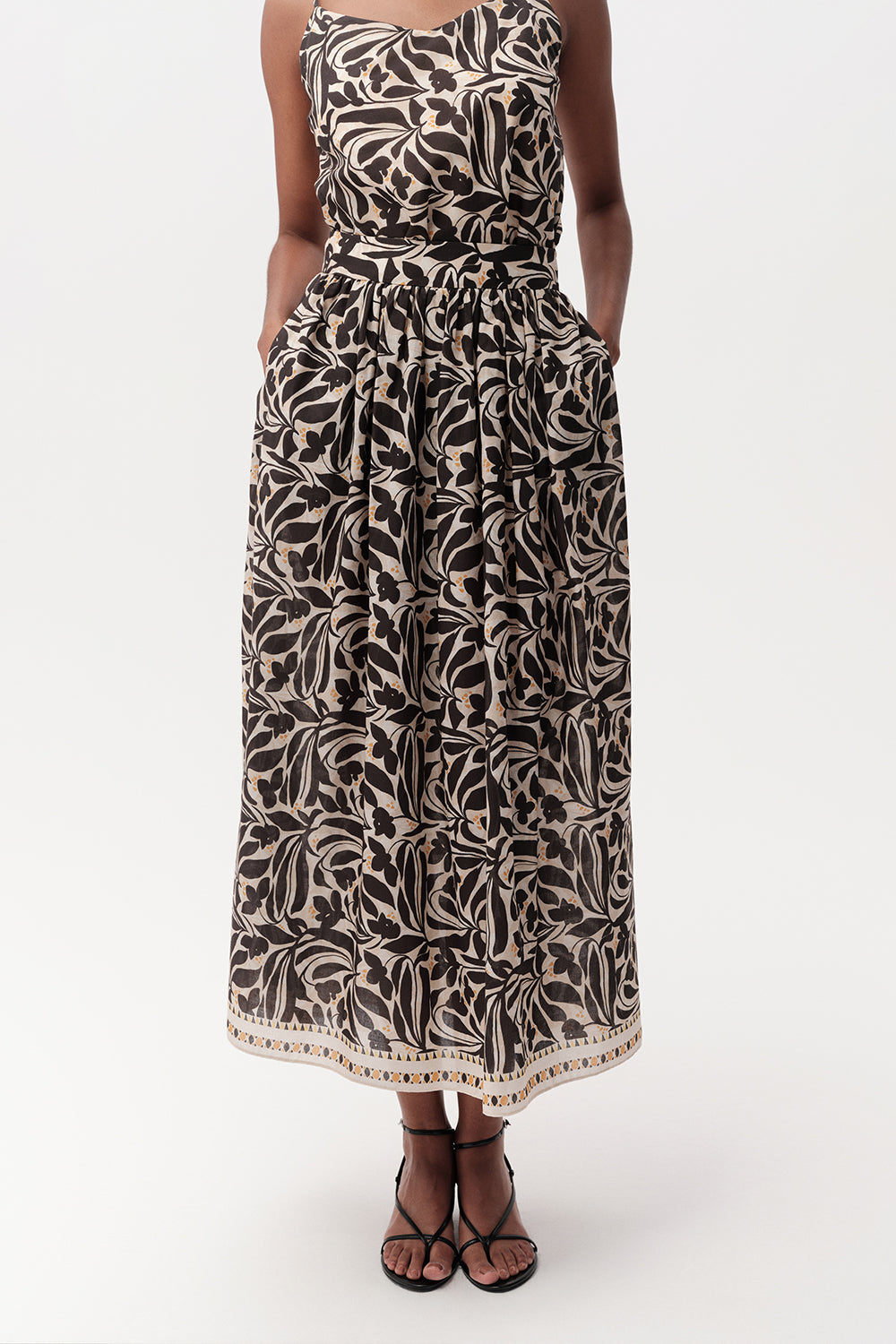 Yüksek Bel Fermuarlı Cepli Midi Etek