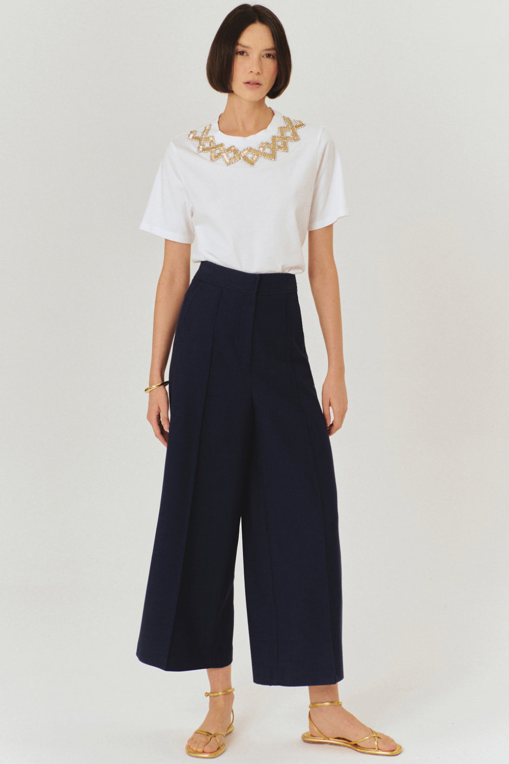 Exquise-Yüksek Bel Geniş Paçalı Lacivert Culotte Pantolon-Pantolon-2-Milagron.com