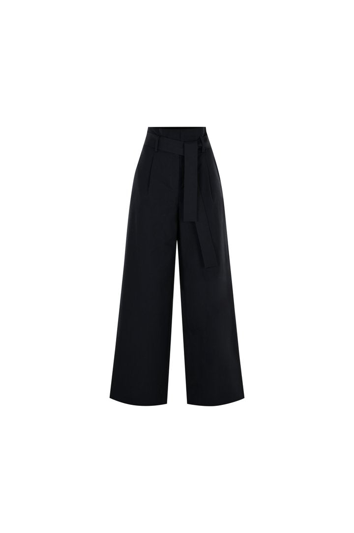 Exquise-Yüksek Bel Kuşaklı Bol Kesim Pamuklu Siyah Pantolon-Pantolon-5-Milagron.com