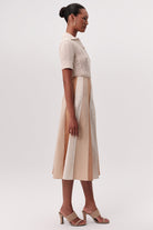 Yüksek Bel Parçalı Gizli Fermuarlı Kloş Midi Tan Etek