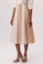 Yüksek Bel Parçalı Gizli Fermuarlı Kloş Midi Tan Etek