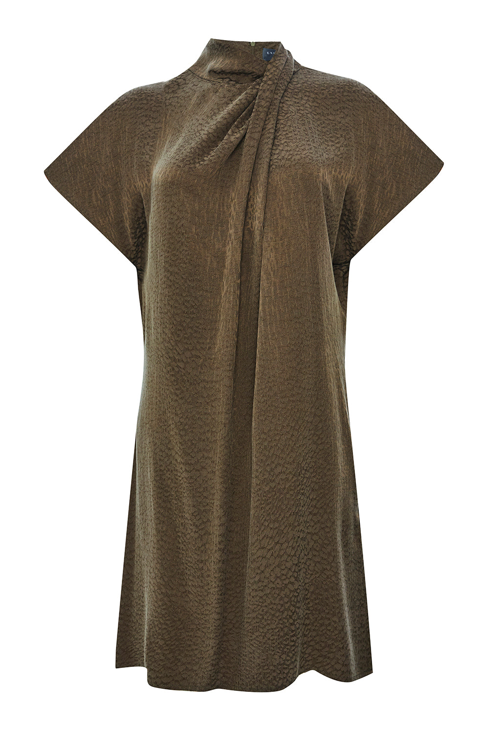 Exquise-Yüksek Yaka Düşük Omuzlu Jakarlı Leopar Regular Mini Elbise-ELBİSE-6-Milagron.com