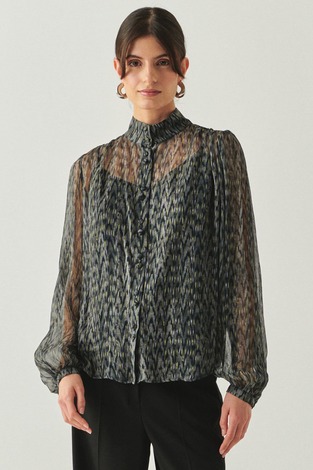 Exquise-Yüksek Yaka Uzun Kollu Regular şifon Desenli Gömlek-GÖMLEK-2-Milagron.com