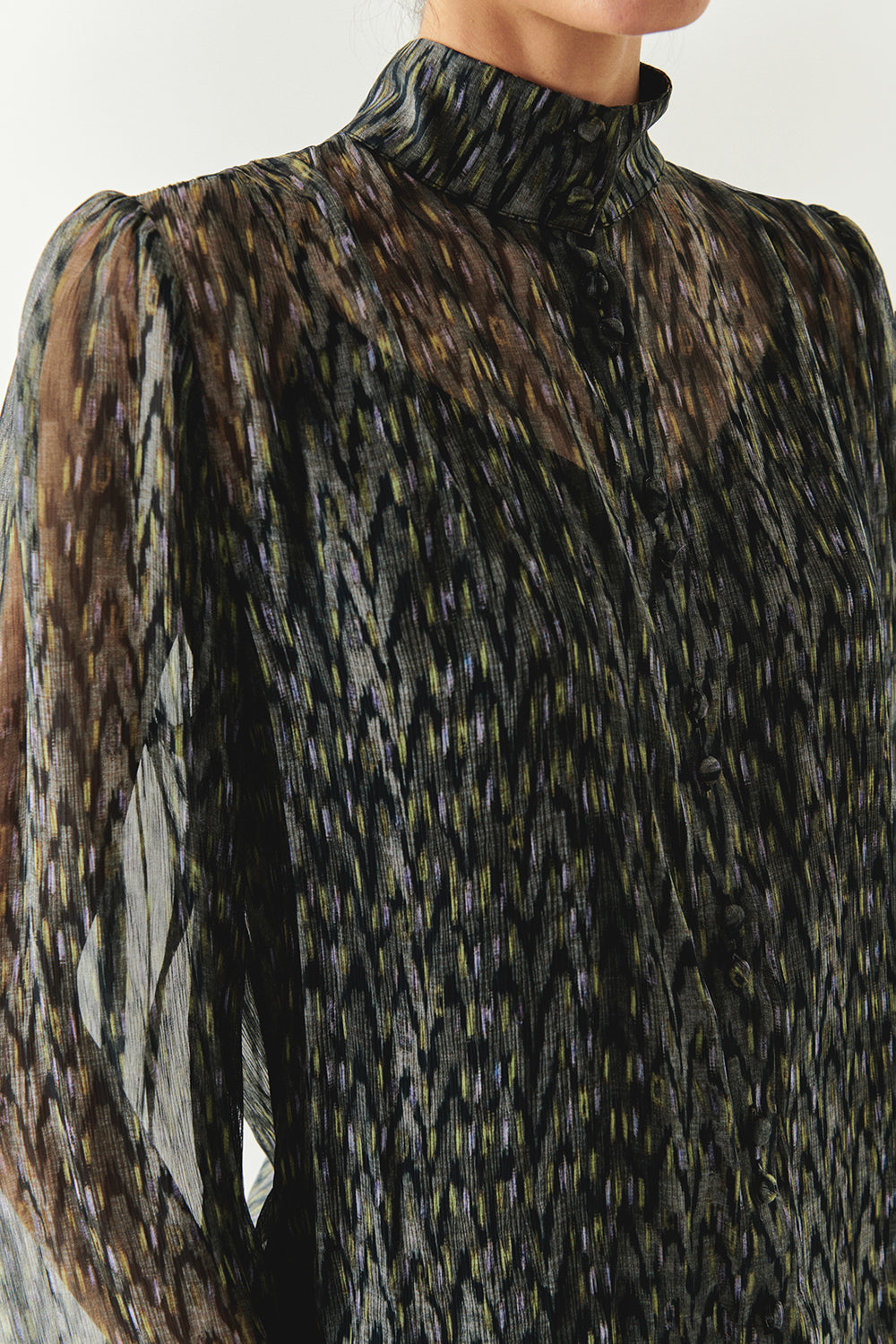 Exquise-Yüksek Yaka Uzun Kollu Regular şifon Desenli Gömlek-GÖMLEK-4-Milagron.com