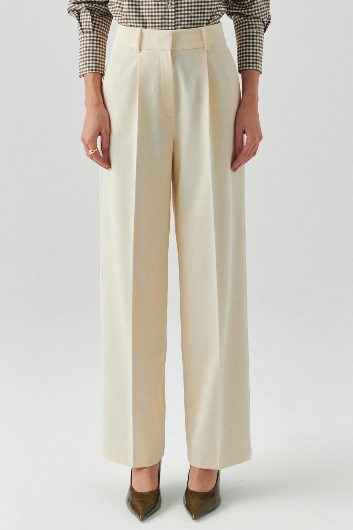 Exquise-Yüksel Bel Düz Kesim Cepli Regular Ekru Pantolon-PANTOLON-5-Milagron.com