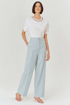 Exquise-Yüksel Bel Düz Kesim Parlak Kumaş Detaylı Mavi Pantolon-PANTOLON-1-Milagron.com