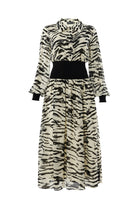 Exquise-Zebra Desenli Beli Ribanalı Regular Astarlı Midi Siyah Kemik Elbise-ELBİSE-5-Milagron.com