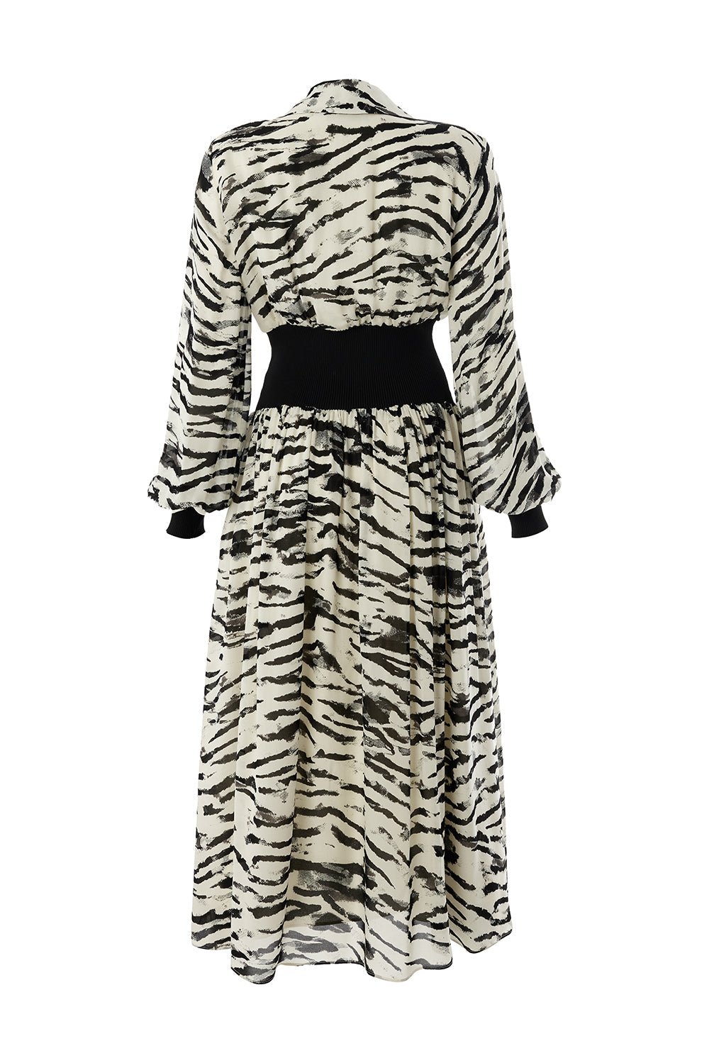 Exquise-Zebra Desenli Beli Ribanalı Regular Astarlı Midi Siyah Kemik Elbise-ELBİSE-6-Milagron.com