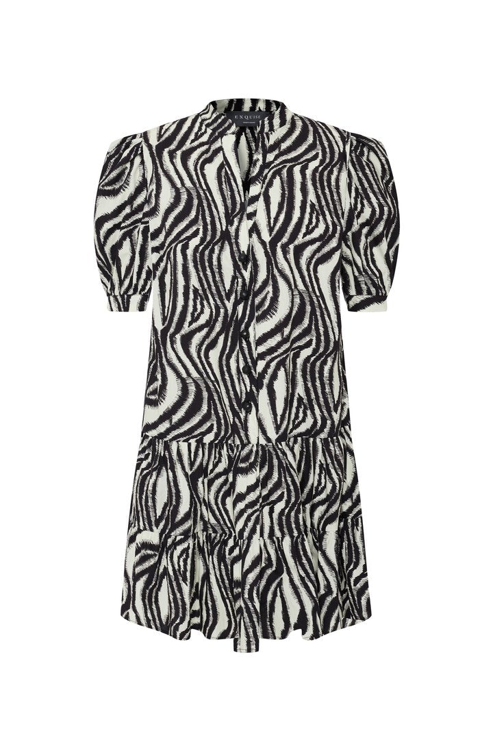 Exquise-Zebra Desenli Pileli Kısa Kollu Regular Pamuklu Mini Elbise-ELBİSE-6-Milagron.com