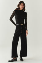 Exquise-Zincir Kemerli Regular Dokuma Siyah Pantolon-PANTOLON-1-Milagron.com