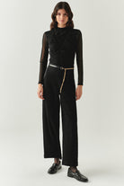 Exquise-Zincir Kemerli Regular Dokuma Siyah Pantolon-PANTOLON-4-Milagron.com