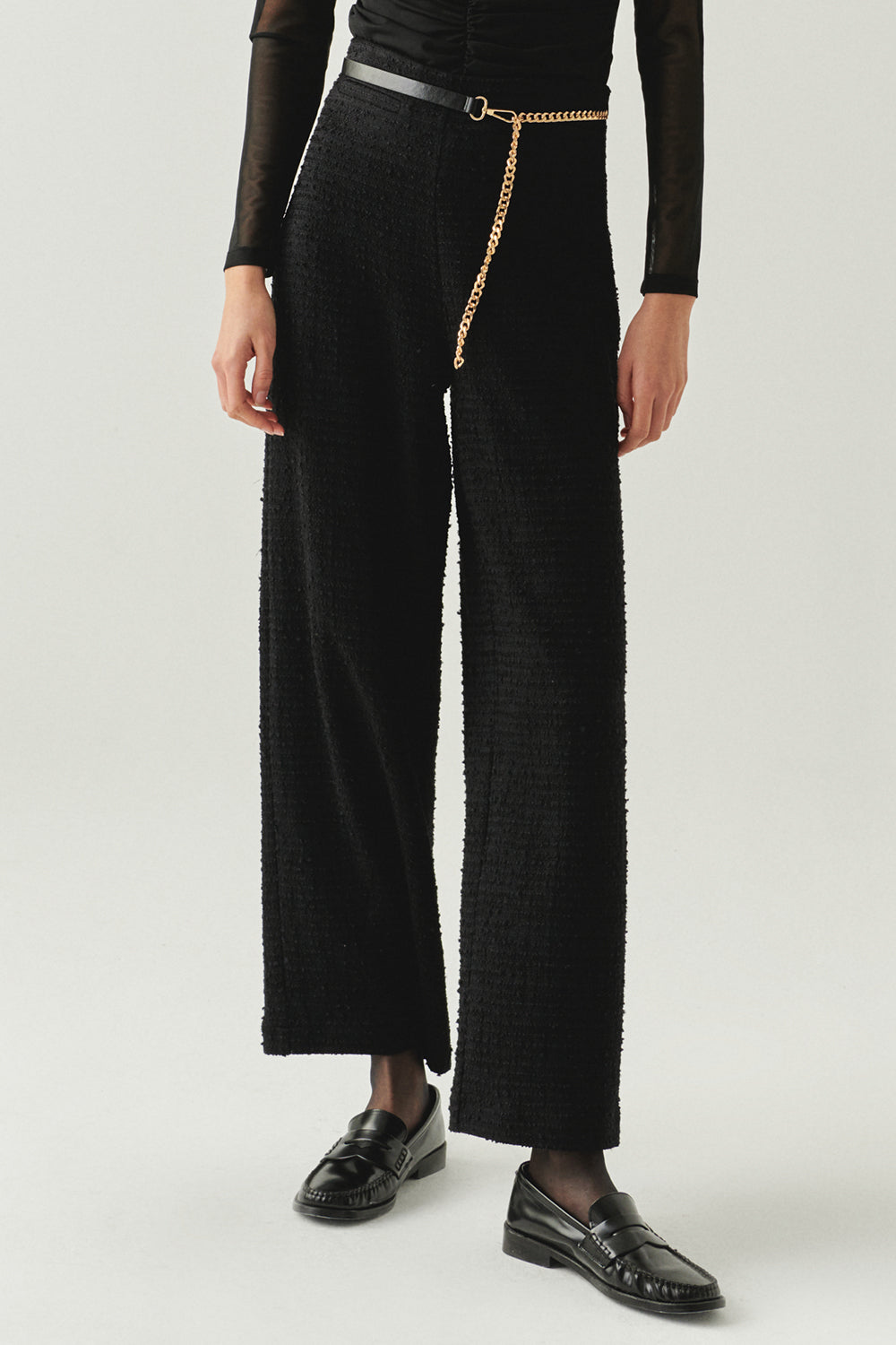 Exquise-Zincir Kemerli Regular Dokuma Siyah Pantolon-PANTOLON-5-Milagron.com