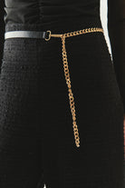 Exquise-Zincir Kemerli Regular Dokuma Siyah Pantolon-PANTOLON-6-Milagron.com