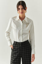 Exquise-çiçek İşlemeli Grogen şeritli Uzun Kollu Slim Fit Ekru Gömlek-GÖMLEK-1-Milagron.com