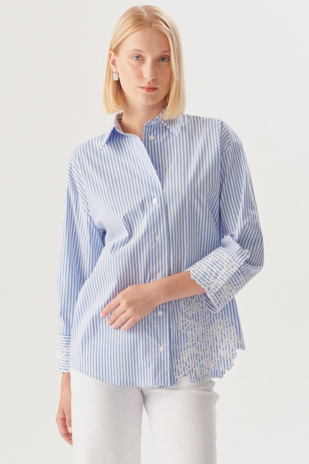 Exquise-çiçek İşlemeli Mavi çizgili Regular Gömlek-Gömlek-1-Milagron.com