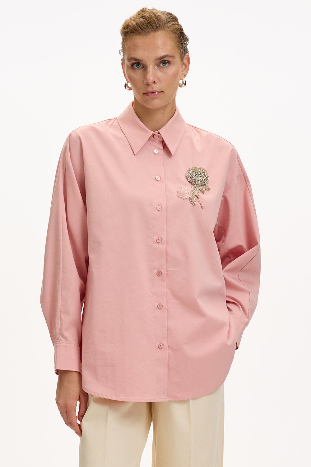 Exquise-çiçek Taş İşlemeli Uzun Kollu Regular Gül Kurusu Gömlek-GÖMLEK-1-Milagron.com