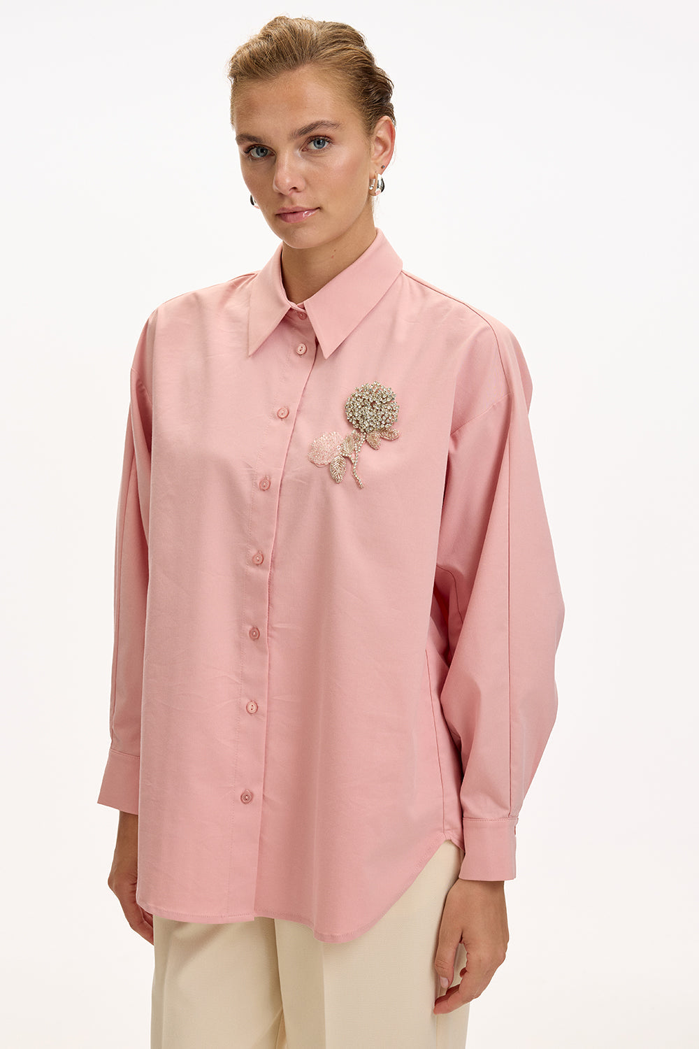 Exquise-çiçek Taş İşlemeli Uzun Kollu Regular Gül Kurusu Gömlek-GÖMLEK-2-Milagron.com