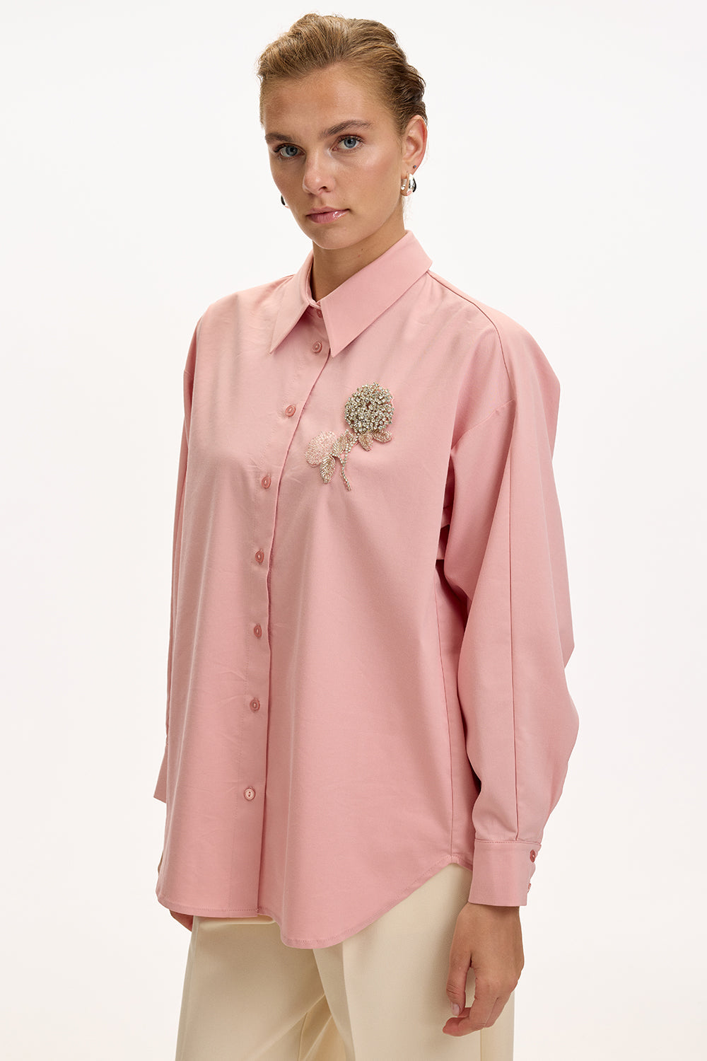 Exquise-çiçek Taş İşlemeli Uzun Kollu Regular Gül Kurusu Gömlek-GÖMLEK-4-Milagron.com