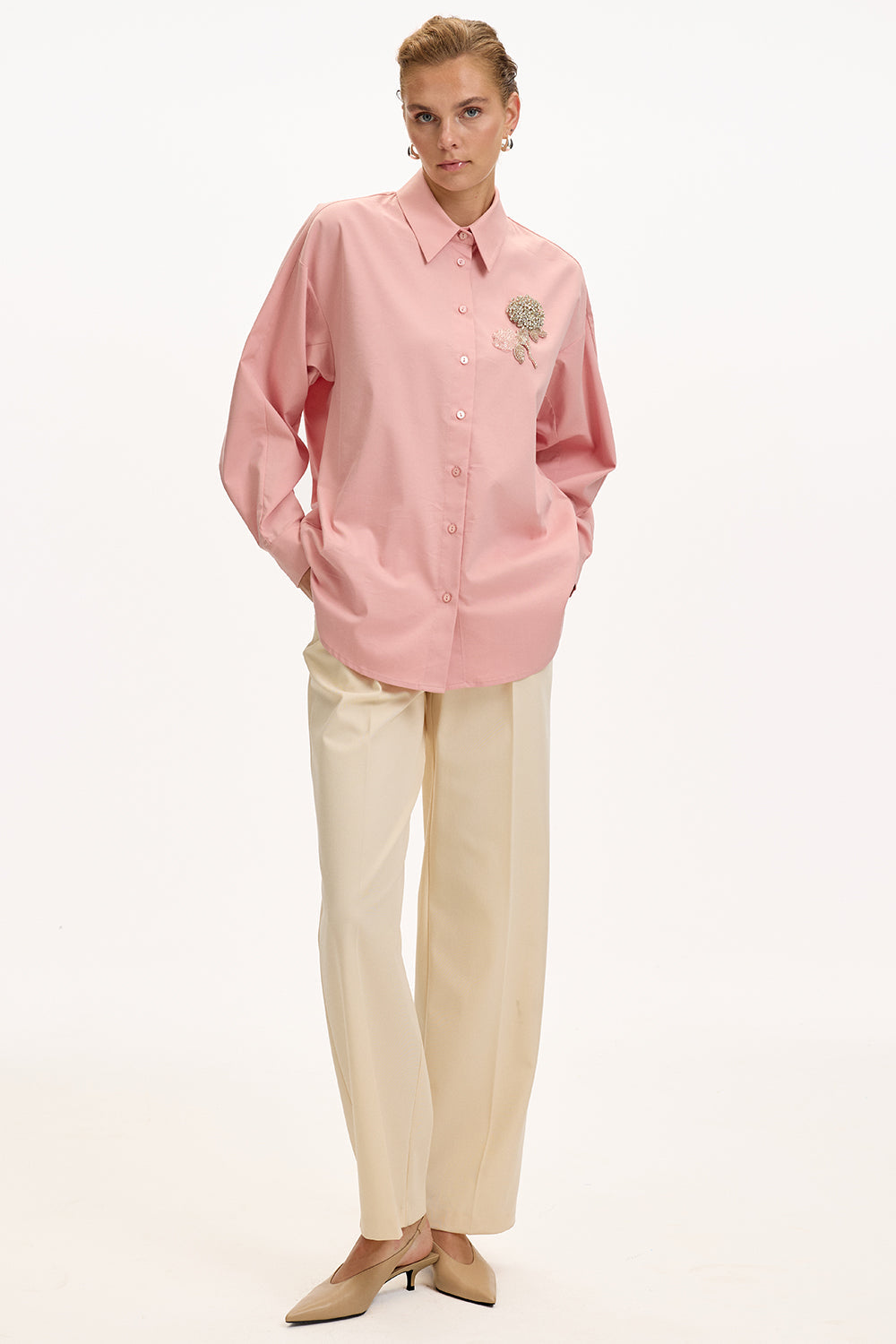 Exquise-çiçek Taş İşlemeli Uzun Kollu Regular Gül Kurusu Gömlek-GÖMLEK-6-Milagron.com