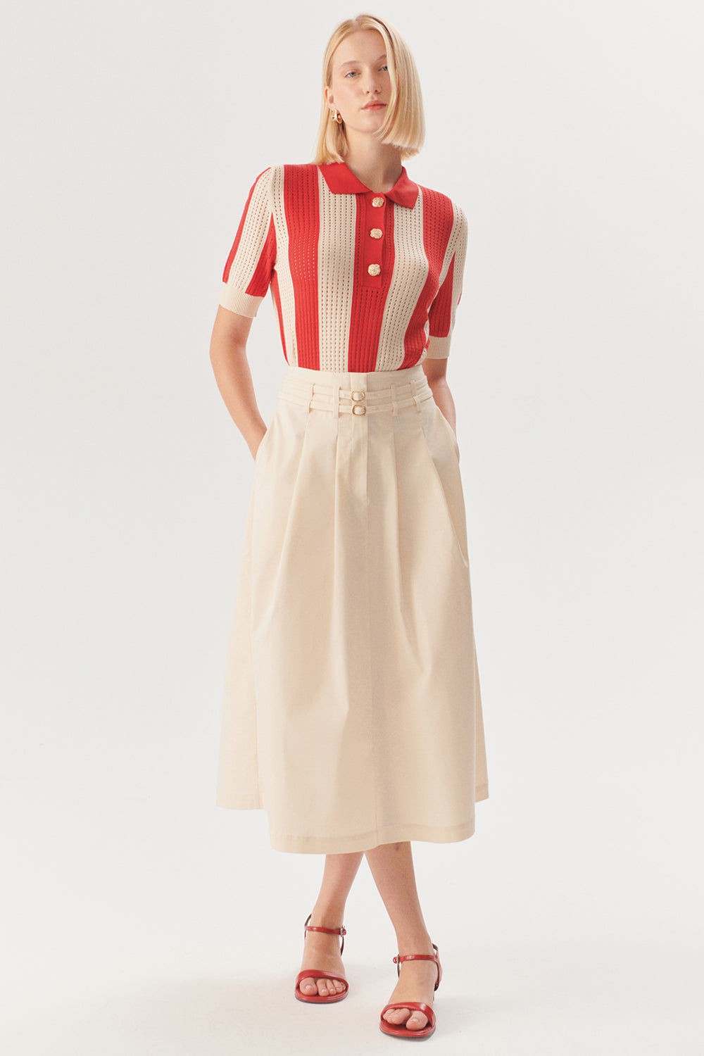 Exquise-çift İnce Kemer Detaylı Midi Boy Bej Etek-Etek-1-Milagron.com