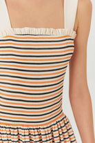 Exquise-çizgi Desenli Pileli Asklı Elbise-ELBİSE-5-Milagron.com