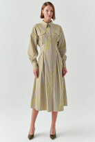 Exquise-çizgili Gömlek Yaka Uzun Kollu Slim Fit çok Renkli Midi Elbise-ELBİSE-1-Milagron.com