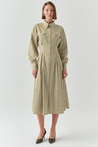 Exquise-çizgili Gömlek Yaka Uzun Kollu Slim Fit çok Renkli Midi Elbise-ELBİSE-2-Milagron.com