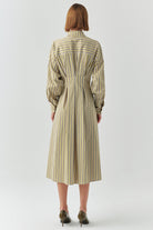 Exquise-çizgili Gömlek Yaka Uzun Kollu Slim Fit çok Renkli Midi Elbise-ELBİSE-3-Milagron.com