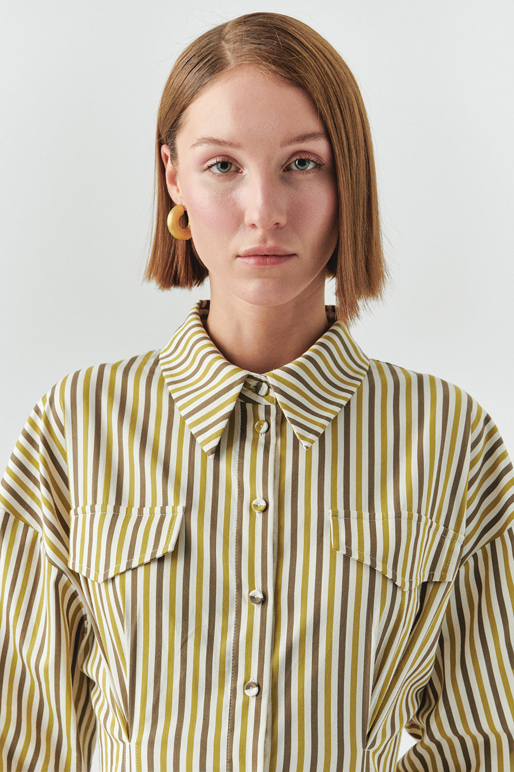 Exquise-çizgili Gömlek Yaka Uzun Kollu Slim Fit çok Renkli Midi Elbise-ELBİSE-5-Milagron.com