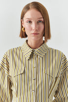 Exquise-çizgili Gömlek Yaka Uzun Kollu Slim Fit çok Renkli Midi Elbise-ELBİSE-5-Milagron.com