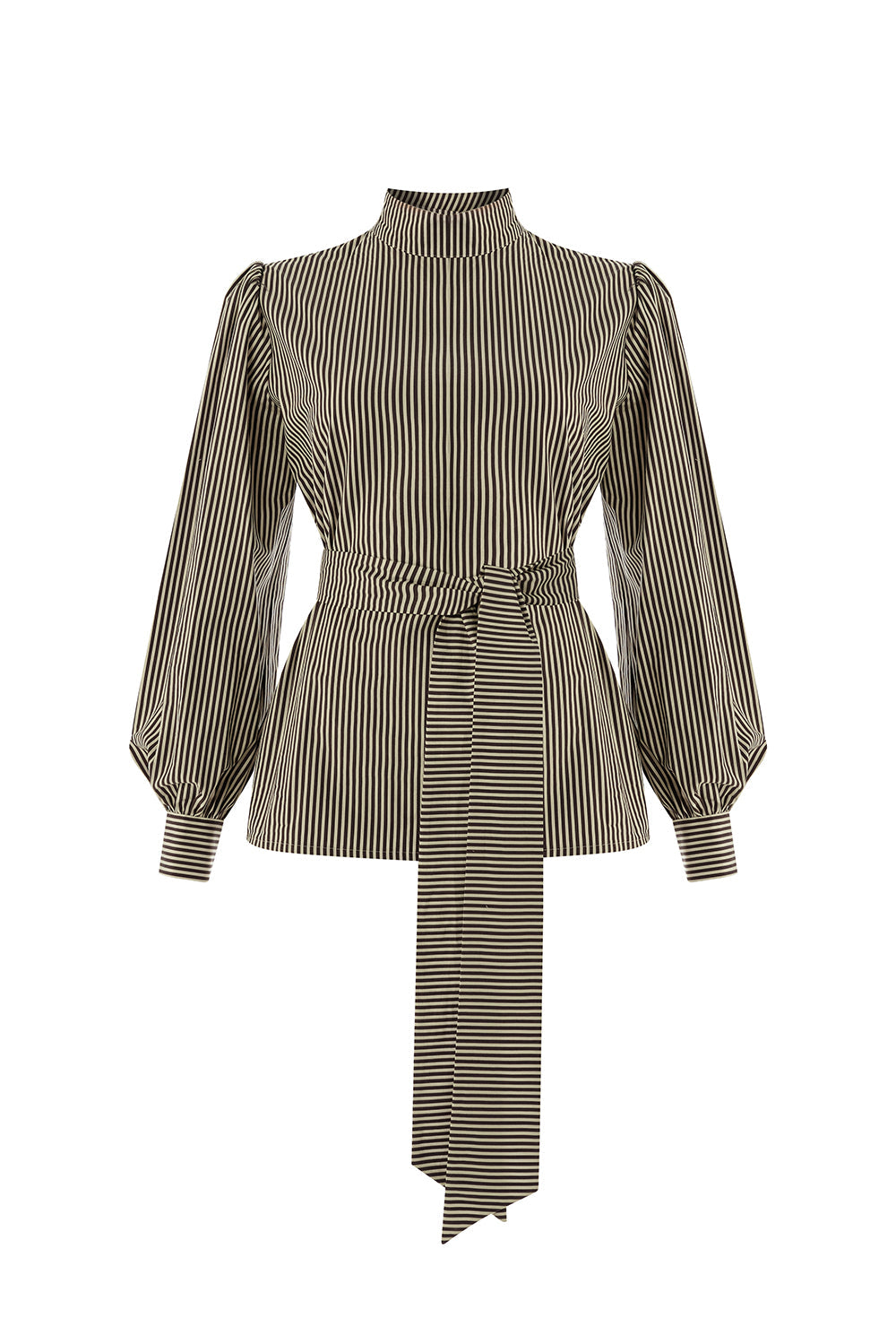 Exquise-çizgili Omuzu Düğme Detaylı Fularlı Uzun Kollu Kahve Bluz-BLUZ-7-Milagron.com