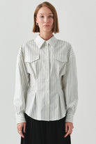 Exquise-çizgili Uzun Kollu Slim Fit Beyaz Gömlek-GÖMLEK-1-Milagron.com