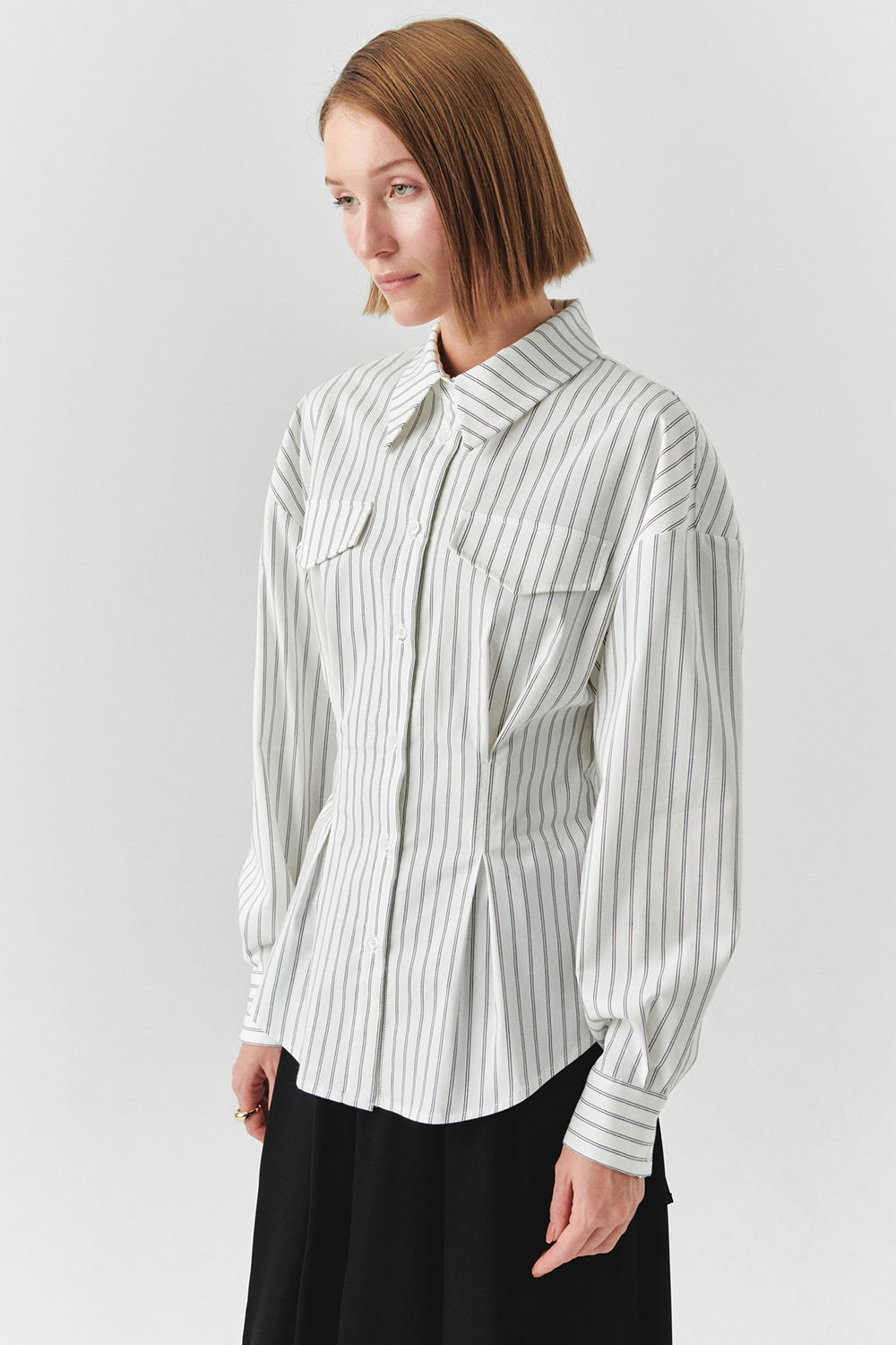 Exquise-çizgili Uzun Kollu Slim Fit Beyaz Gömlek-GÖMLEK-2-Milagron.com