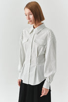Exquise-çizgili Uzun Kollu Slim Fit Beyaz Gömlek-GÖMLEK-2-Milagron.com