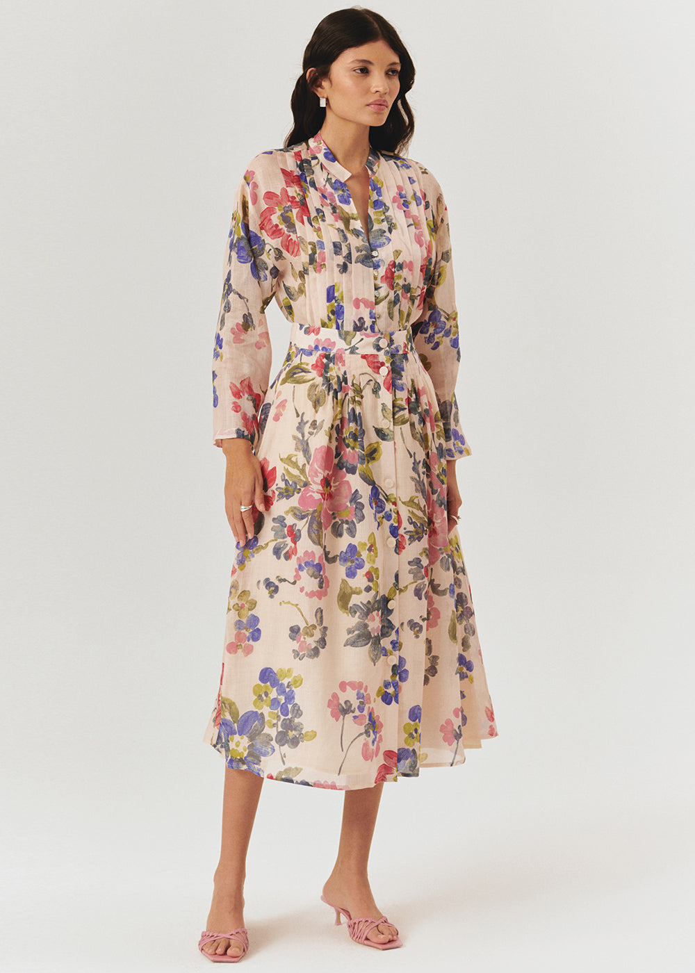 Exquise-önden Düğmeli Midi Boy Cepli Floral Desen Etek-ETEK-5-Milagron.com