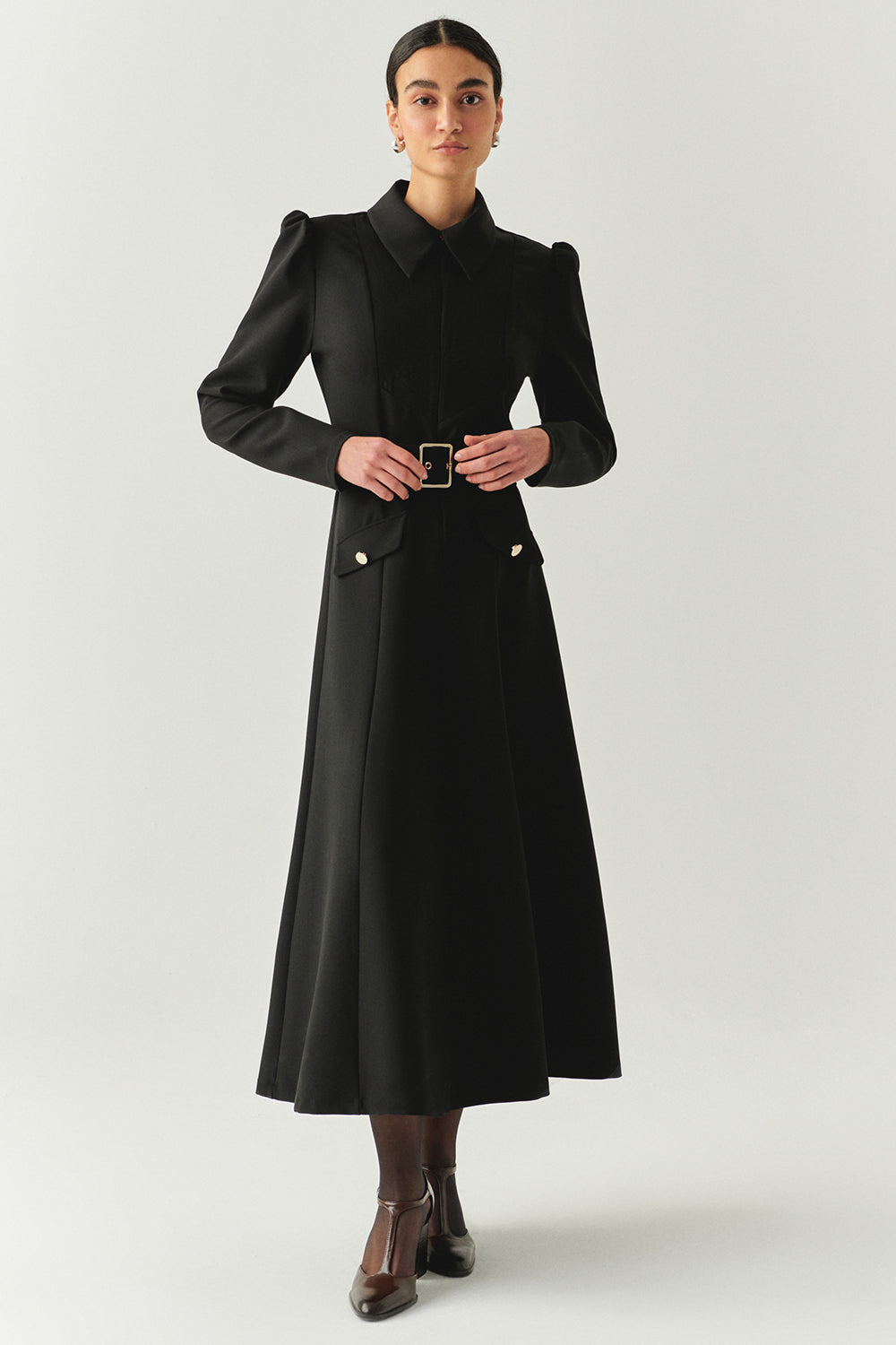 Exquise-Önden Fermuarlı Kemerli Uzun Kol Slim Fit Siyah Midi Elbise-ELBİSE-1-Milagron.com