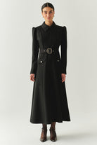 Exquise-Önden Fermuarlı Kemerli Uzun Kol Slim Fit Siyah Midi Elbise-ELBİSE-2-Milagron.com