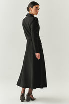 Exquise-Önden Fermuarlı Kemerli Uzun Kol Slim Fit Siyah Midi Elbise-ELBİSE-3-Milagron.com