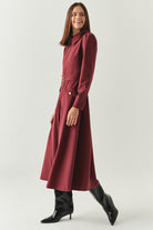 Exquise-Önden Fermuarlı Kemerli Uzun Kol Slim Fit Vişne Midi Elbise-ELBİSE-3-Milagron.com