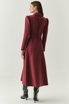 Exquise-Önden Fermuarlı Kemerli Uzun Kol Slim Fit Vişne Midi Elbise-ELBİSE-4-Milagron.com