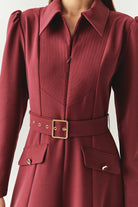 Exquise-Önden Fermuarlı Kemerli Uzun Kol Slim Fit Vişne Midi Elbise-ELBİSE-5-Milagron.com