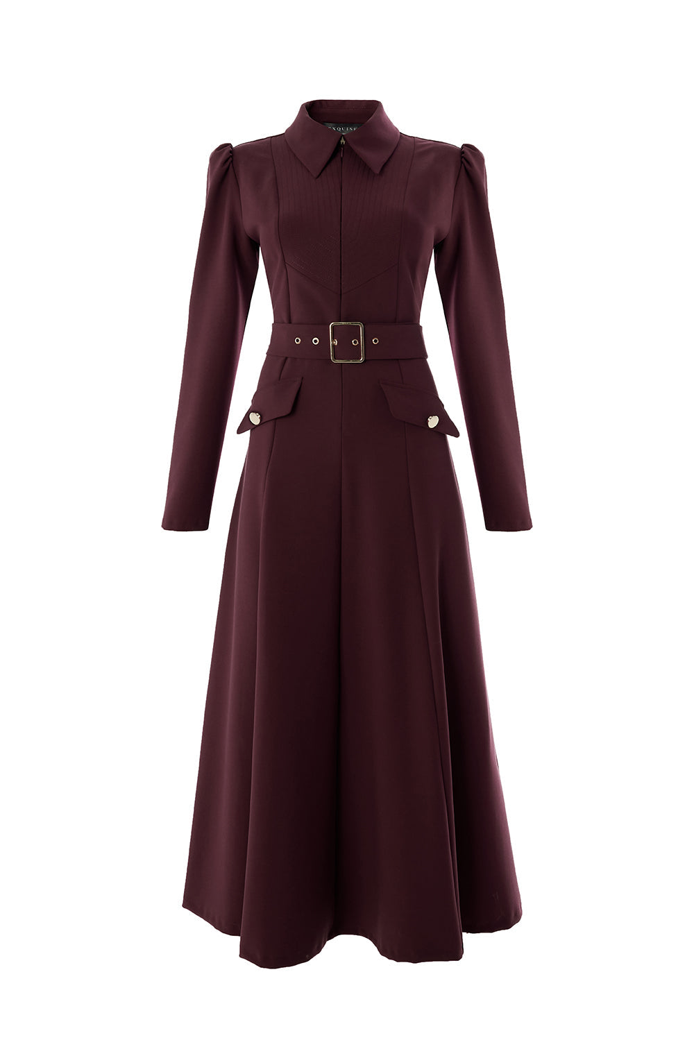 Exquise-Önden Fermuarlı Kemerli Uzun Kol Slim Fit Vişne Midi Elbise-ELBİSE-6-Milagron.com