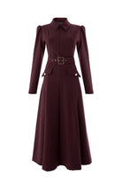 Exquise-Önden Fermuarlı Kemerli Uzun Kol Slim Fit Vişne Midi Elbise-ELBİSE-6-Milagron.com