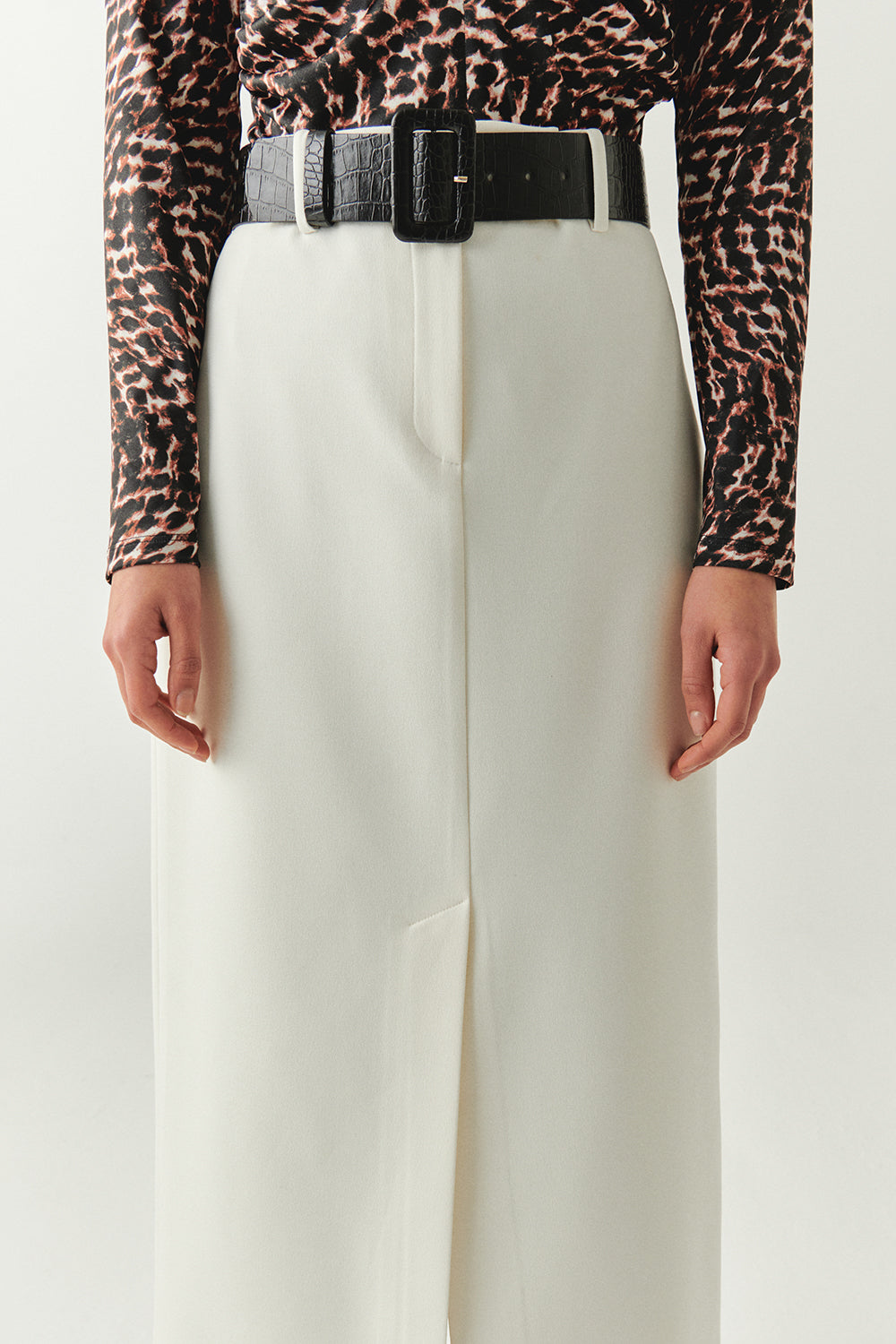 Exquise-önü Yırtmaçlı Kemerli Astarlı Regular Krem Midi Etek-ETEK-5-Milagron.com