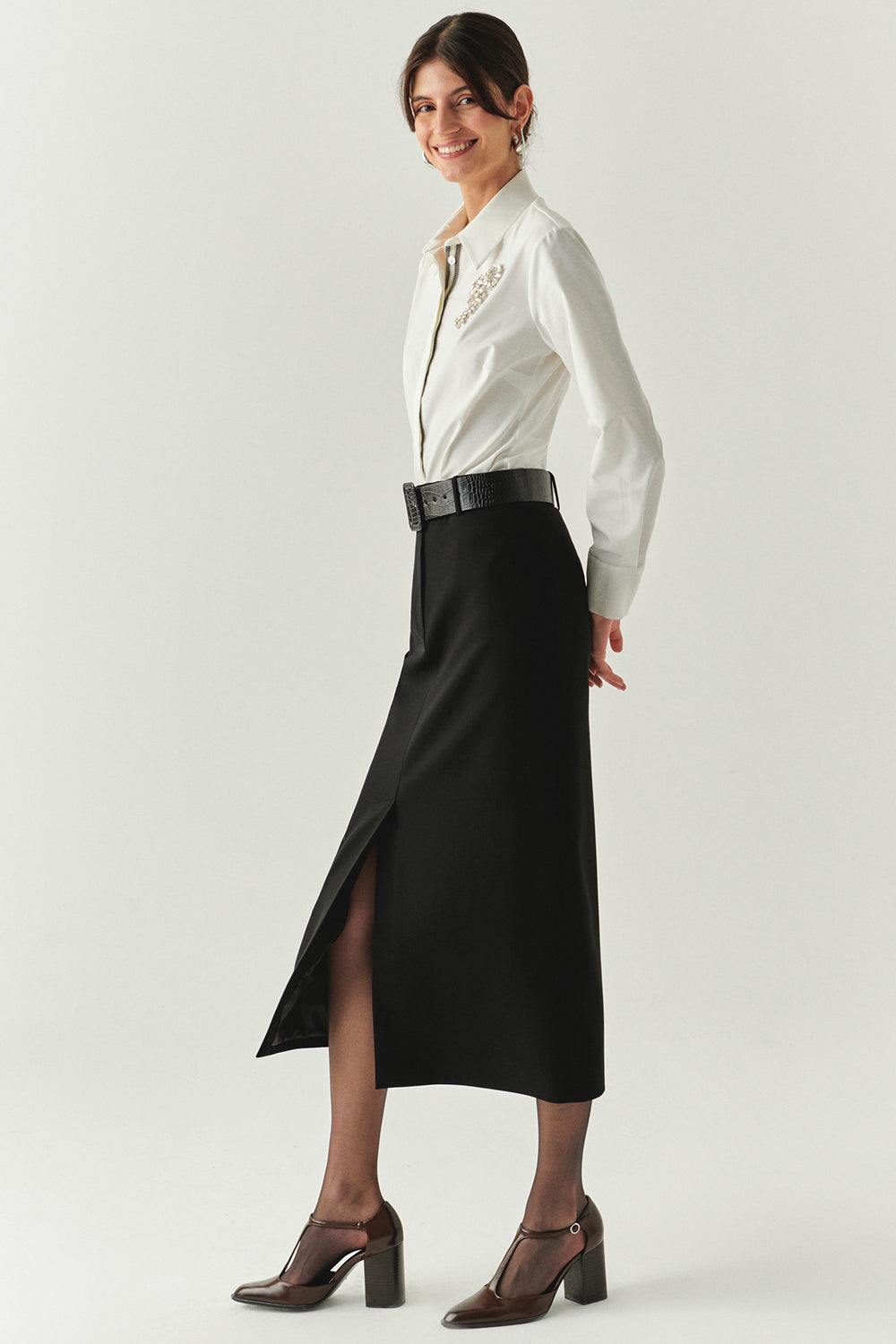 Exquise-önü Yırtmaçlı Kemerli Astarlı Regular Siyah Midi Etek-ETEK-3-Milagron.com