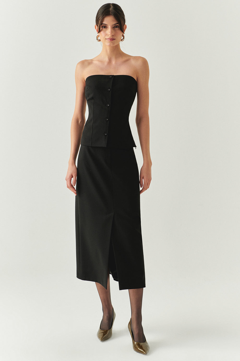 Exquise-önü Yırtmaçlı Kemerli Astarlı Regular Siyah Midi Etek-ETEK-4-Milagron.com